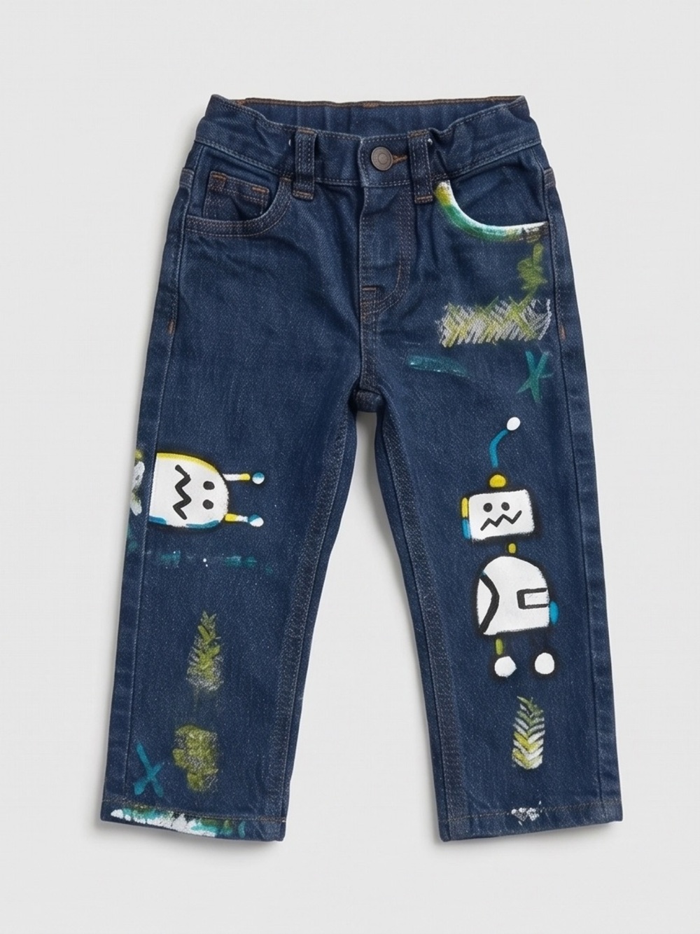 Kids Painted Dark Blue Denim Pants with Robot Motif